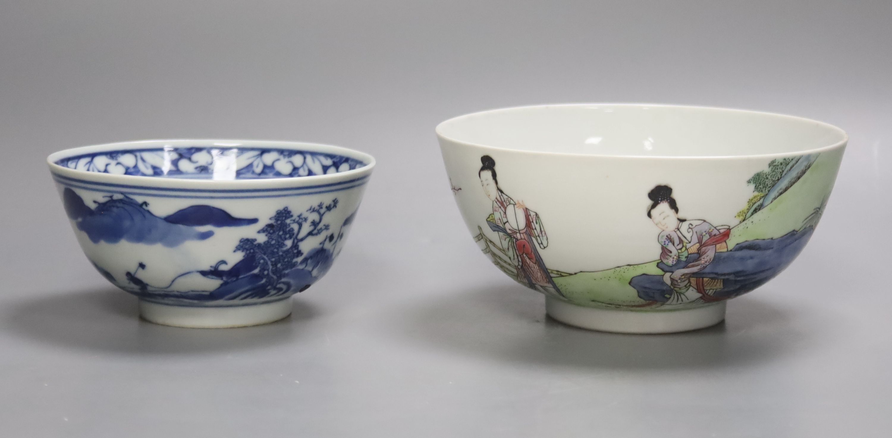 A Chinese blue and white footed porcelain bowl, Kangxi mark to underside, c1900, 12cm diameter 6cm high, together with a further hand painted famille rose, 15cm diameter, 7cm high
